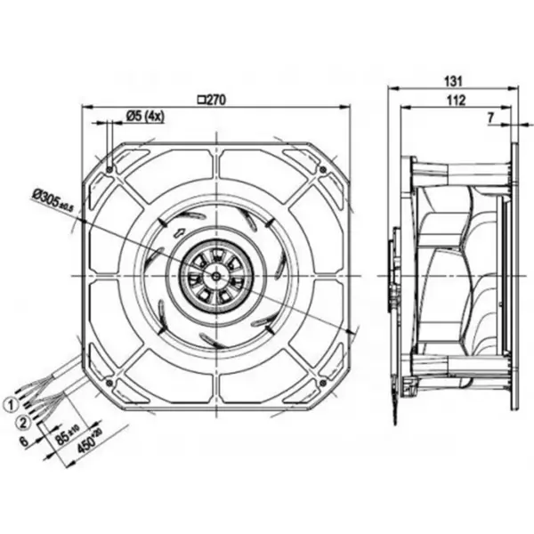 Ebmpapst k3g225-re07-03 230VAC 270x270x131mm 170W 1.4A 705m3/h Łożysko kulkowe IP54 Wentylator odśrodkowy EC