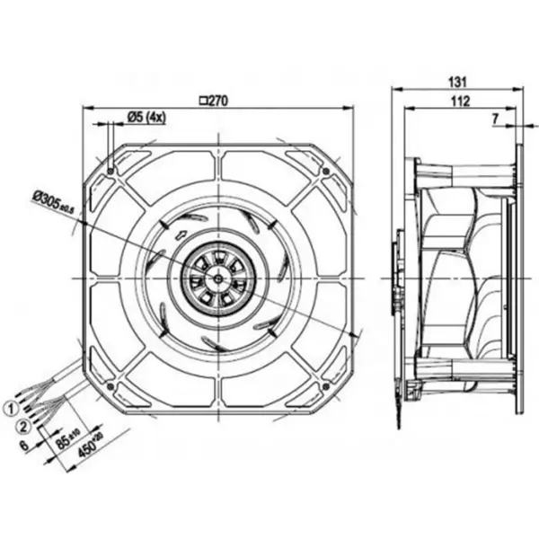 Ebmpapst k3g225-re07-03 230VAC 270x270x131mm 170W 1.4A 705m3/h Łożysko kulkowe IP54 Wentylator odśrodkowy EC