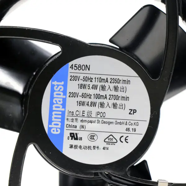 119 x 119 x 38 mm 230 V AC przepływ powietrza 123 m3/h 2350 obr/min 4580N Wentylator chłodzący ebm papst z łożyskiem ślizgowym