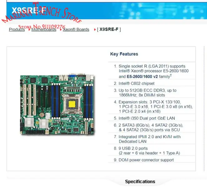 X9sre-f do płyty głównej Supermicro Lga2011 E5-2600/1600 V1/v2 Family Ddr3 3 Pci-x 133/100