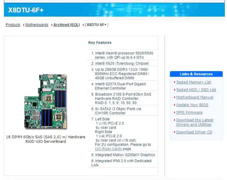 X8dtu-6f+ do płyty głównej Supermicro z procesorem Xeon serii 5600/5500 82576 Dwuportowy kontroler Gigabit Ethernet Ipmi 2.0
