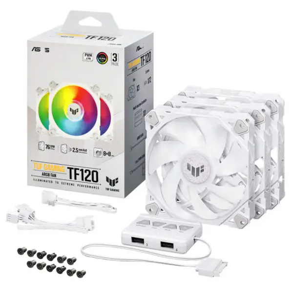 AsUs Tuf Gaming White Heroic Light Tf120 Wentylator obudowy 3 szt. wentylator Argb z kontrolerem efektów świetlnych Tuf Gaming Tf120 Argb 3w1
